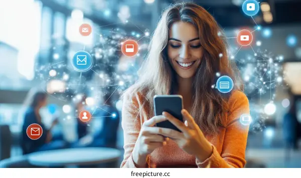 Woman using smartphone connected to digital network