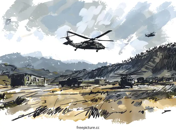 Military Helicopters Flying Over Hills