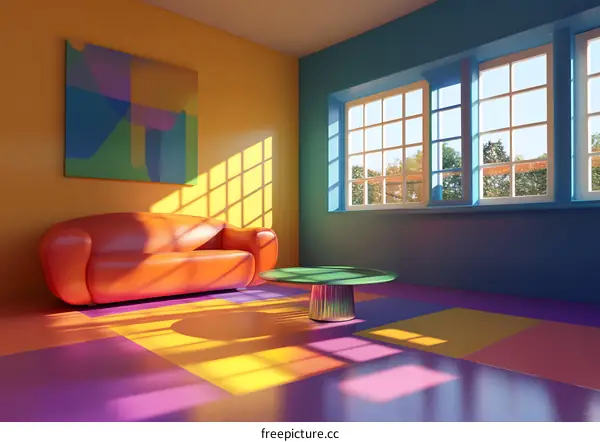 Modern Living Room with Colorful Walls and Geometric Artwork