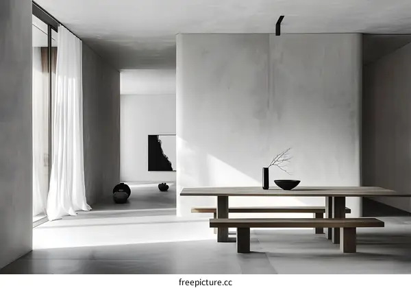 Minimalist Dining Room Interior Design with Wooden Table and Benches