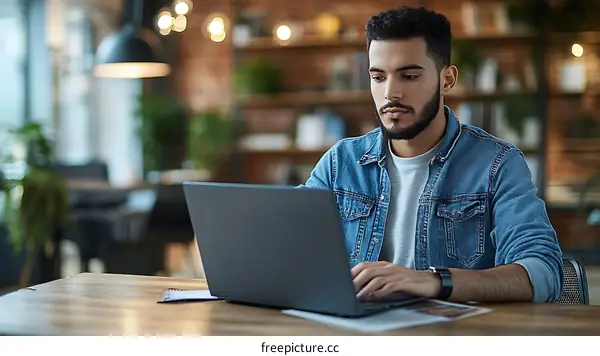 Young Man Working on Laptop in Cafe