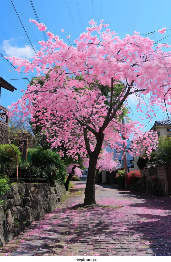 Pink Cherry Blossom Tree In Front Of A Street