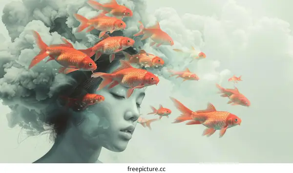 A woman with goldfish swimming around her head
