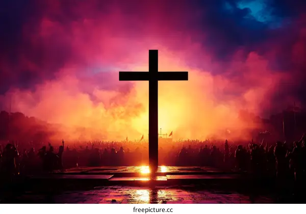 Large Crowd Under a Christian Cross