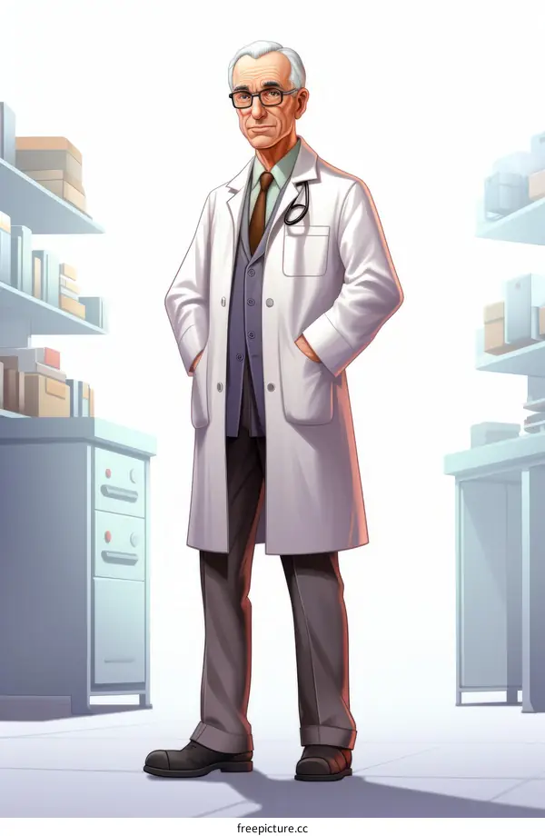 An illustration of a male doctor in a white coat with his hands in his pockets