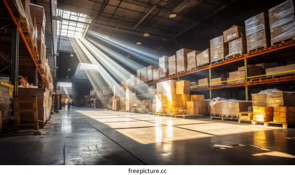 Warehouse interior with boxes on shelves and sunlight shining through the roof