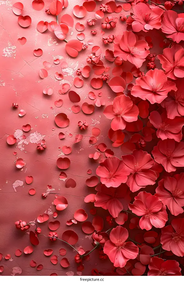 Red flowers bloom on a pink background