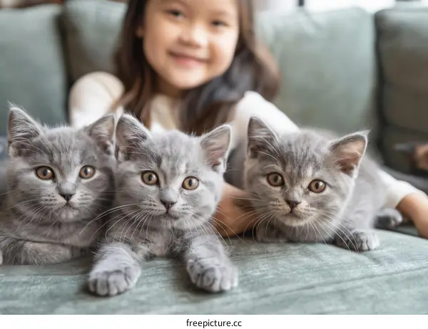 Little girl with three British Shorthair cats