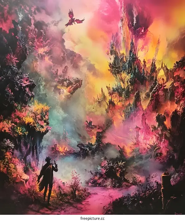 Fantasy Landscape With Man And Flying Bird