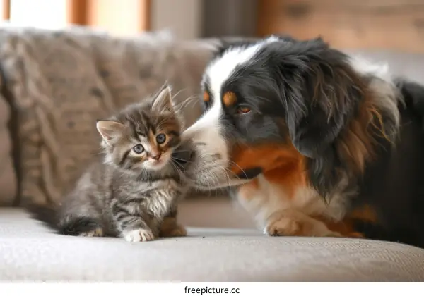 Fluffy Kitten Sniffing Bernese Mountain Dog