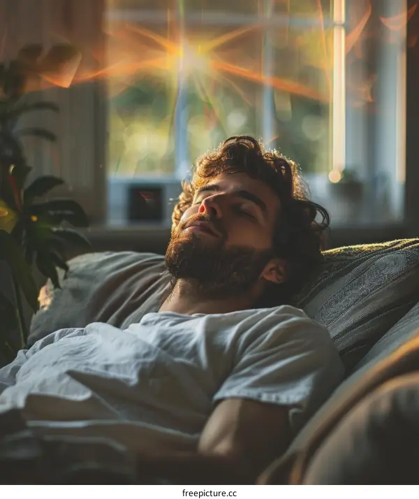 Man taking a nap on the couch with sunlight on his face