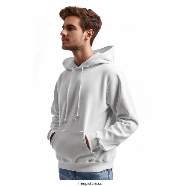 Young man in a white hoodie looking away