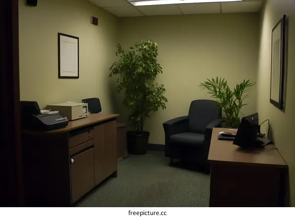 Office Interior with Desk, Chair, and Plants