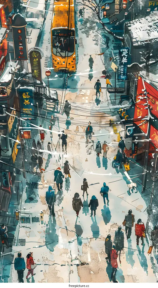 Snowy street scene of people crossing the road with a yellow tram in the background