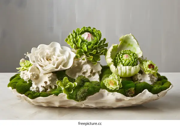 Artificial Flower Arrangement With White Shells And Green Moss
