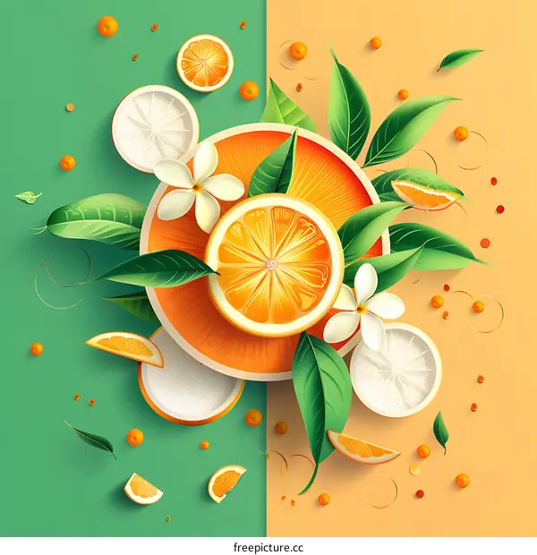 Fresh Orange Slices with Green Leaves and White Flowers