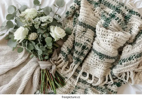 A bouquet of white roses and eucalyptus on a white and green knitted blanket
