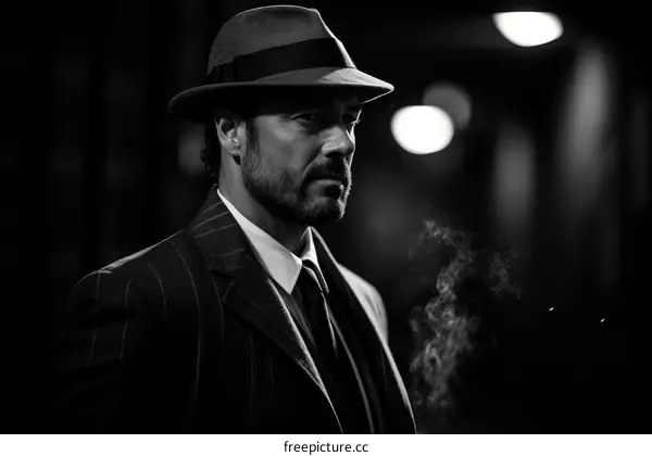 Mysterious Man in Hat and Tie Smoking Cigarette