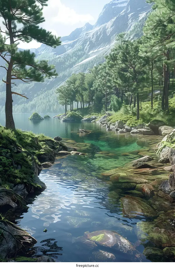 Tranquil Mountain Lake with Tall Pine Trees