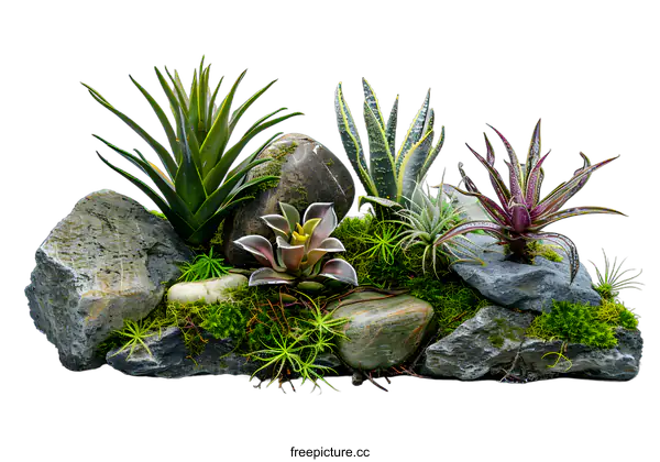 [Transparent Background PNG]A beautiful arrangement of various succulents and rocks