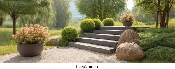 Landscaped Garden Steps with Plants and Stones