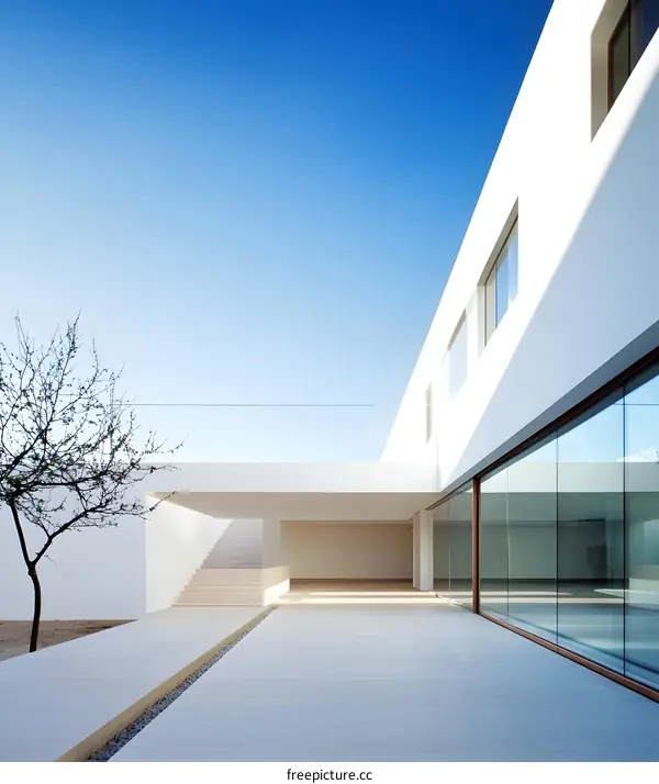Minimalist Modern House Exterior with White Walls and Blue Sky