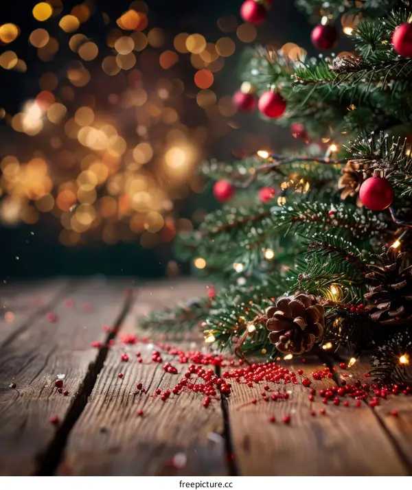 Christmas Tree with Red Baubles and Lights