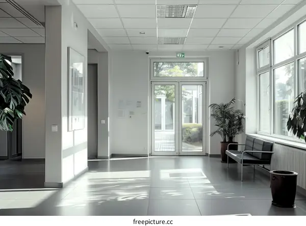 Bright and Airy Office Lobby with Large Windows and Plants