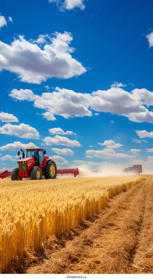 Tractor in a wheat field with blue sky and clouds