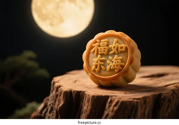 Mooncake with Chinese characters placed on a wooden stump under a full moon