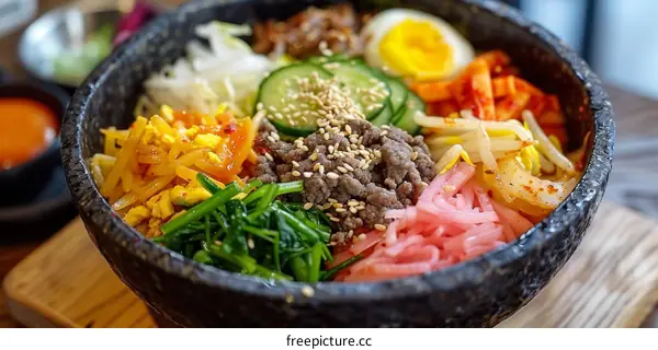 Colorful Korean Bibimbap Rice Bowl with Toppings