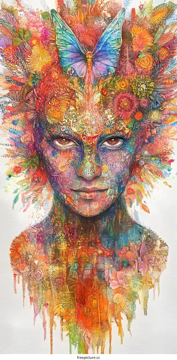 Colorful Woman Portrait with Butterfly and Floral Design
