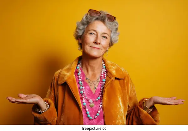 Stylish Senior Woman Presenting on Bright Yellow Background