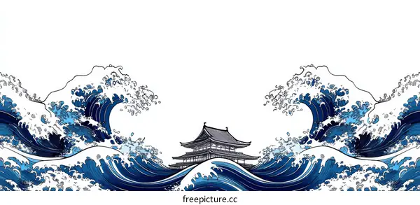 Japanese Wave and Pagoda Illustration