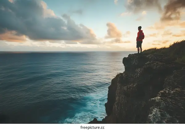 Man Standing on Cliff Overlooking Ocean at Sunset