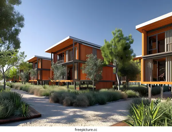 Modern beach houses with wooden slatted screens