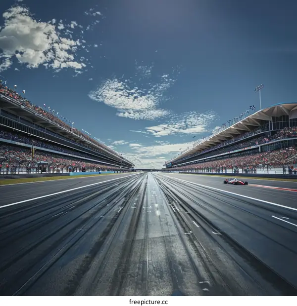 Formula One car racing down a track with grandstands full of spectators