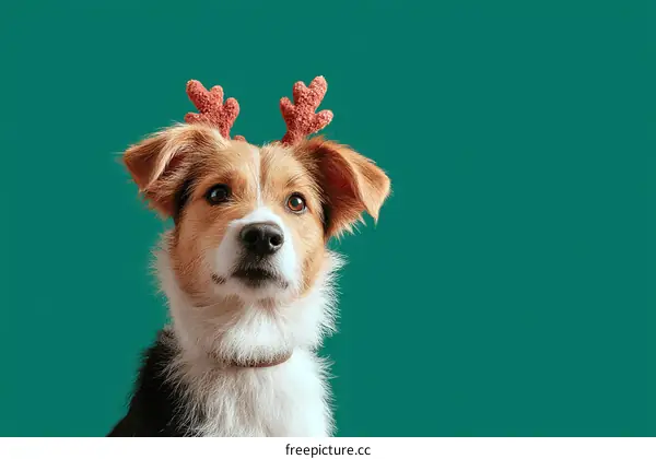 Cute Dog with Christmas Antlers on a Teal Background