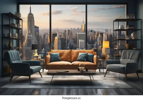 A modern living room with a view of the city