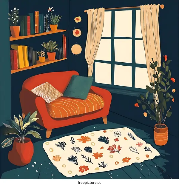 Cozy Living Room Interior Design with Red Sofa and Floral Rug