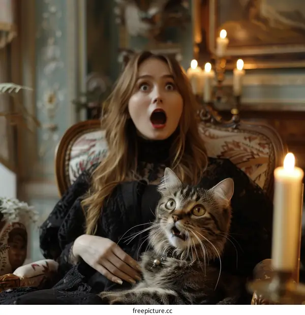 Startled woman and cat in candlelit room
