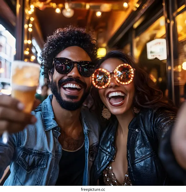 Couple Taking Selfie at Night While Holding Beer