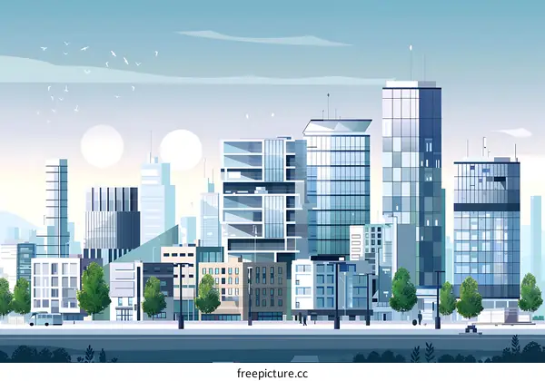 Modern Cityscape with Birds and Tall Buildings