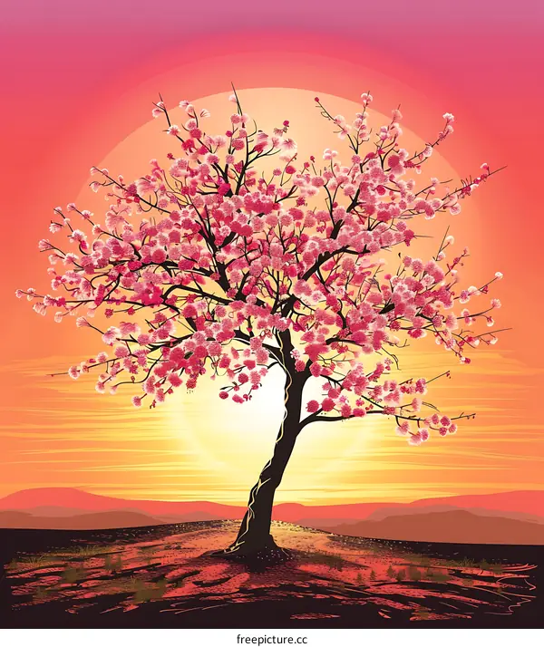 Pink Cherry Blossom Tree at Sunset