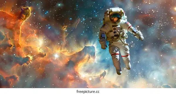 Astronaut floating in the vastness of space with a colorful nebula in the background
