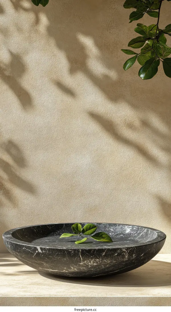 Elegant Black Marble Bowl with Natural Leaves