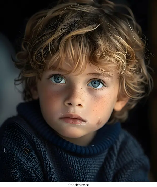 Portrait of a boy with curly blond hair and blue eyes