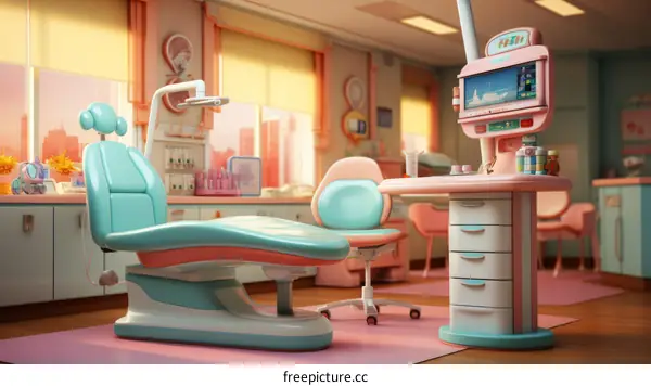 A dentist's office with a vibrant pink and blue theme