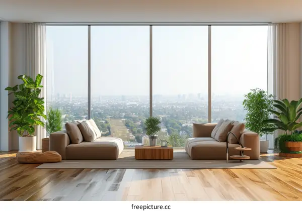 Modern living room interior with large windows and city view