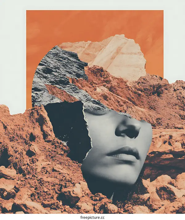 Abstract Collage Art with Woman Face Hidden Behind Mountains